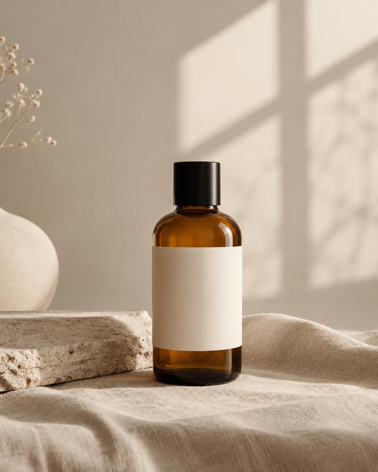 AI lifestyle photo of a skincare bottle